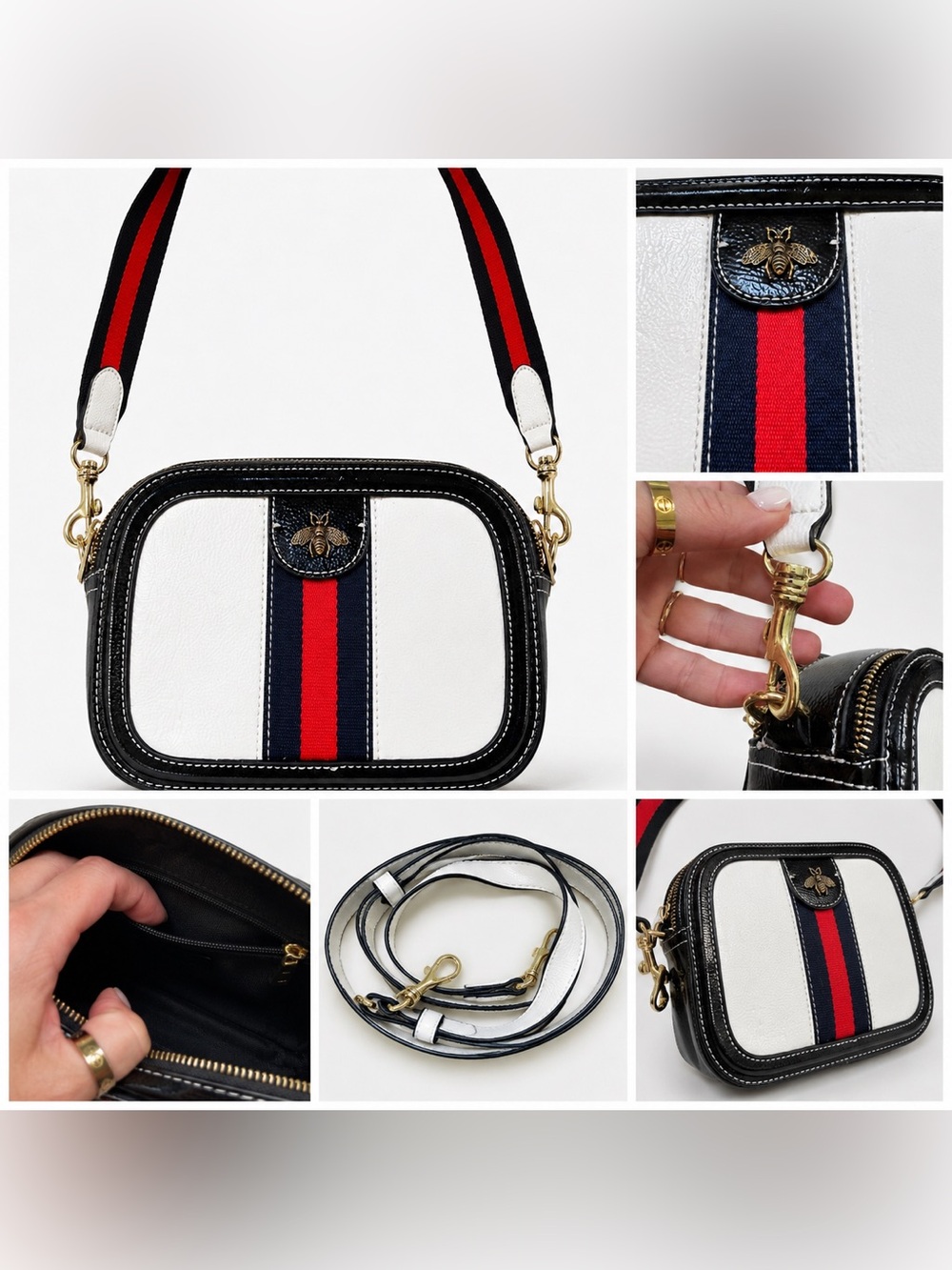 🐝 Bee Stripe Camera Crossbody Bag - White & Black Patent Faux Leather
